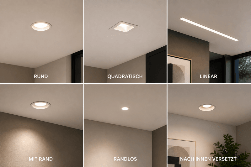 Übersicht verschiedener Formen von Deckeneinbauleuchten wie rund, quadratisch und linear sowie Varianten mit Rand, randlos und zurückversetzter Lichtquelle zur Darstellung unterschiedlicher Bauarten